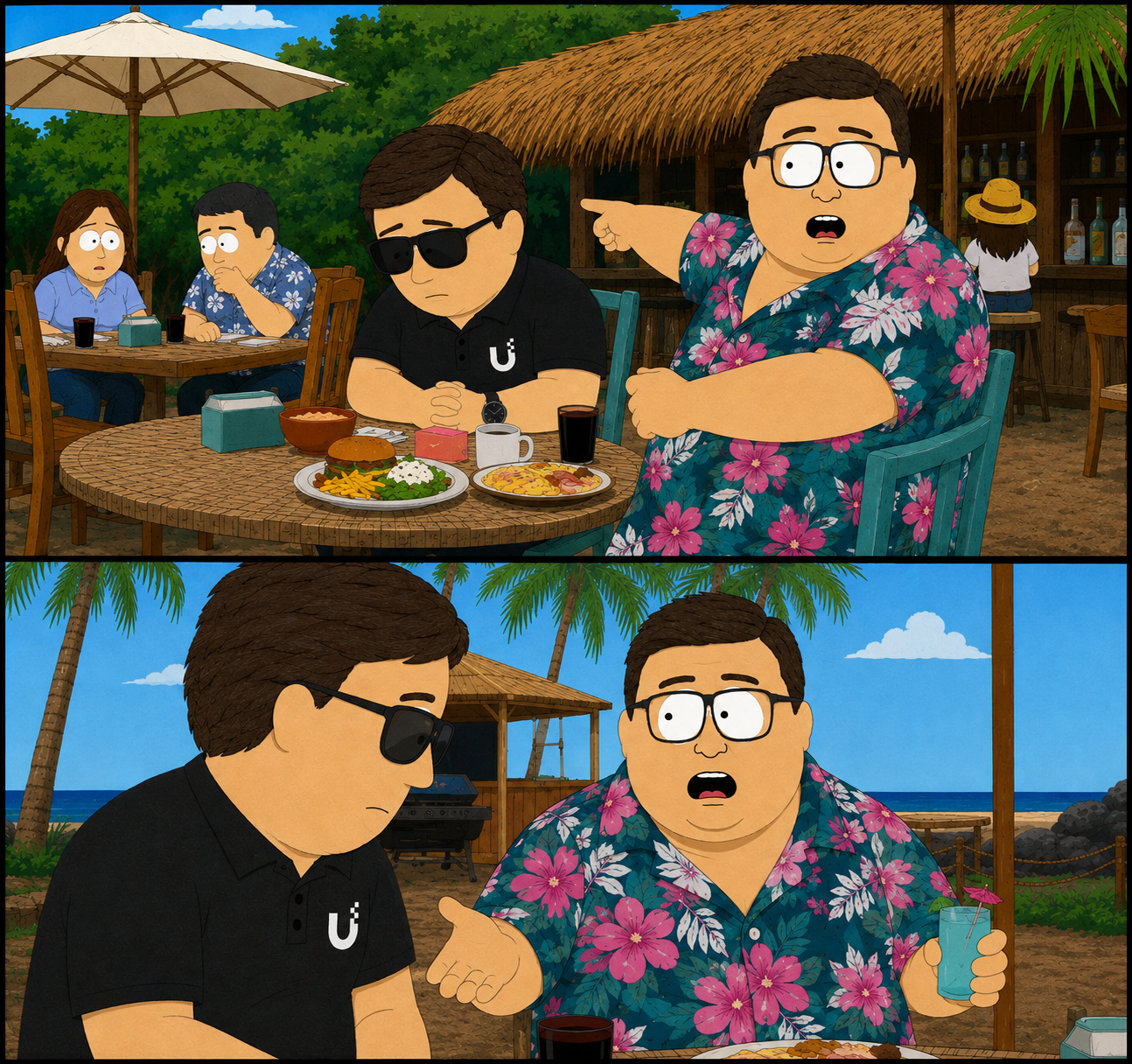 Two-panel cartoon meme in which a vacationer points out UI-Tom and receives an unimpressed response
